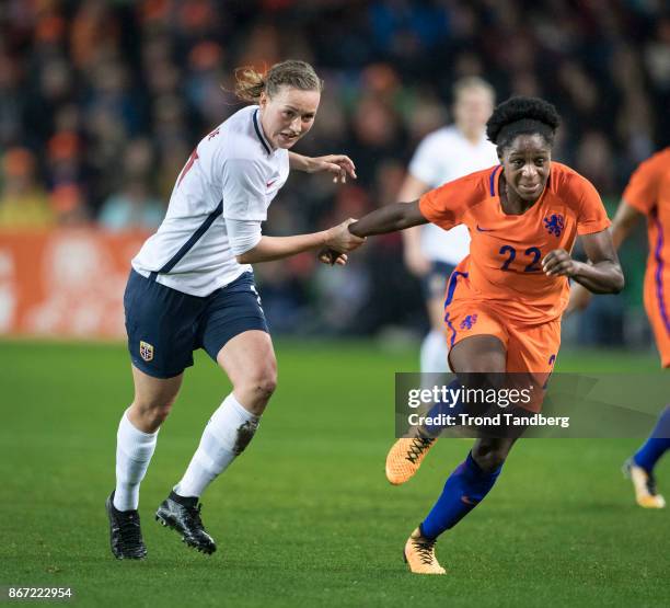 Kristine Minde of Norway, Liza van der Most of Netherland during the FIFA 2018 World Cup Qualifier between Netherland and Norway at Noordlease...