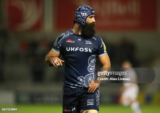 Josh Strauss of Sale Sharks during the Aviva Premiership match between Sale Sharks and Exeter Chiefs at AJ Bell Stadium on October 27, 2017 in...