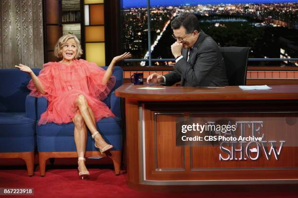 The Late Show with Stephen Colbert and guest Amy Sedaris during Monday's October 23, 2017 show.