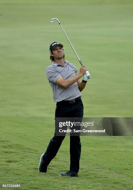 Aaron Baddeley of Australia plays a shot on the nineth hole during the second round of the Sanderson Farms Championship at the Country Club of...