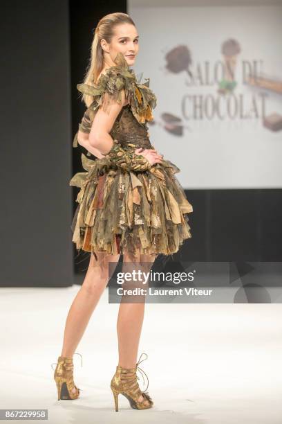 Singer Camille Lou walks the Runway during "Le Defile des Robes en Chocolats" during the "Salon du Chocolat Paris 2017" at Parc des Expositions Porte...