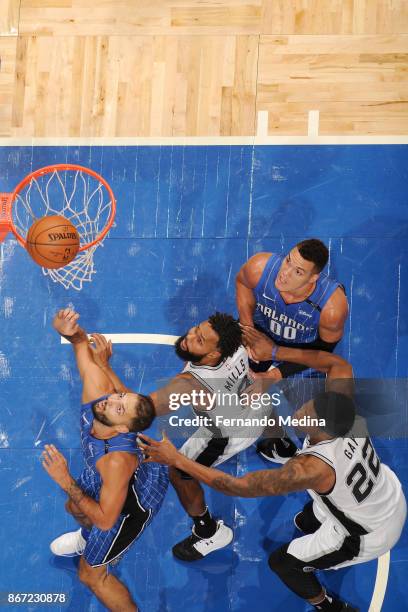 Evan Fournier of the Orlando Magic, Patty Mills of the San Antonio Spurs, Aaron Gordon of the Orlando Magic and Rudy Gay of the San Antonio Spurs...