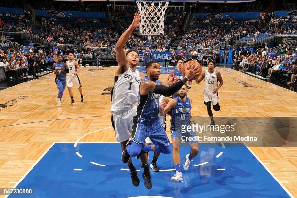Augustin of the Orlando Magic drives to the basket against the San Antonio Spurs on October 27, 2017 at Amway Center in Orlando, Florida. NOTE TO...