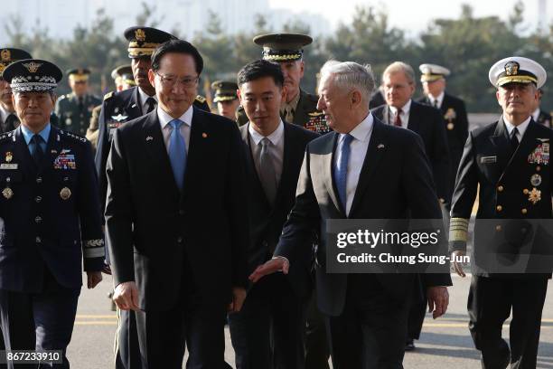 Secretary of Defense James Mattis and South Korean Defense Minister Song Young-moo arrives for the 49th Security Consultative Meeting at the...