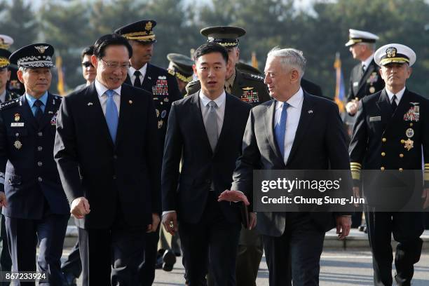 Secretary of Defense James Mattis and South Korean Defense Minister Song Young-moo arrives for the 49th Security Consultative Meeting at the...