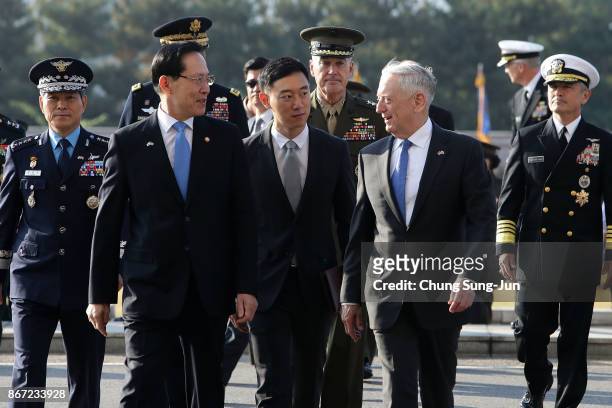 Secretary of Defense James Mattis and South Korean Defense Minister Song Young-moo arrives for the 49th Security Consultative Meeting at the...