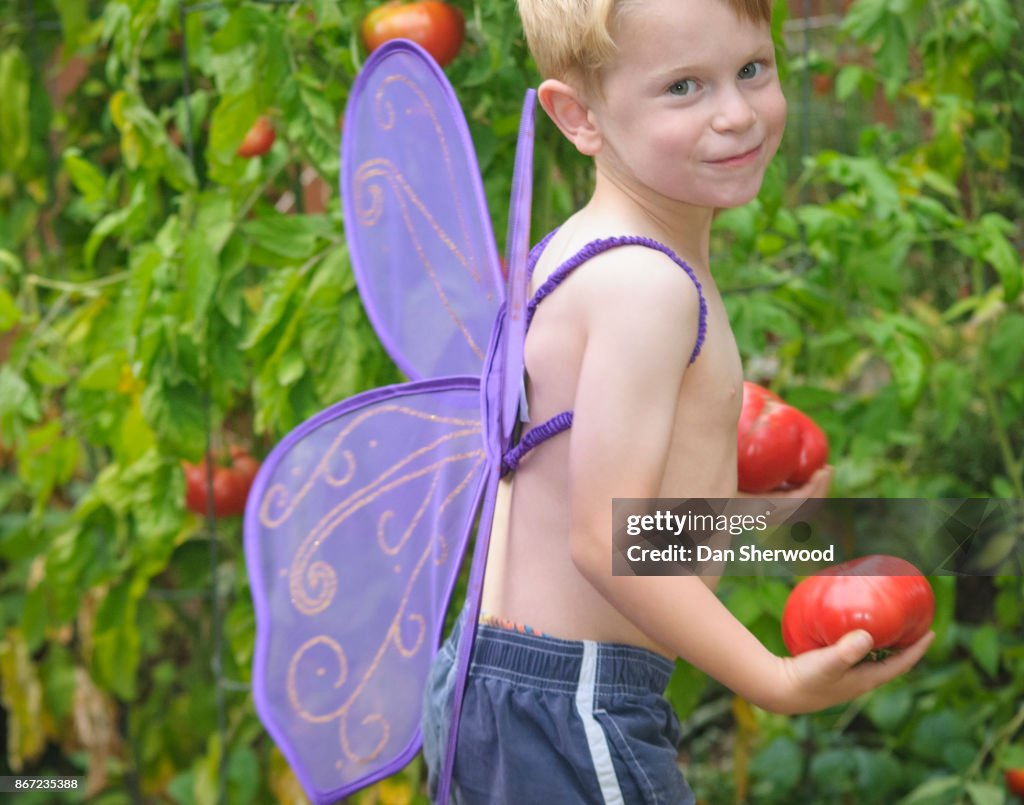 Boy with Butterfly Wigs and Heirloom Tomatoes - Portland, Oregon