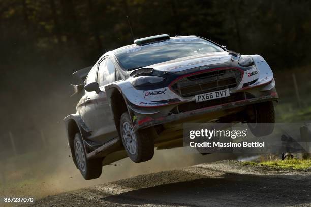 Elfyn Evans of Great Britain and Daniel Barritt of Great Britain compete in their M-Sport WRT Ford Fiesta WRC during Day One of the WRC Great Britain...