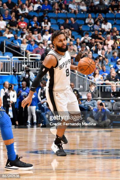Patty Mills of the San Antonio Spurs handles the ball against the Orlando Magic on October 27, 2017 at Amway Center in Orlando, Florida. NOTE TO...
