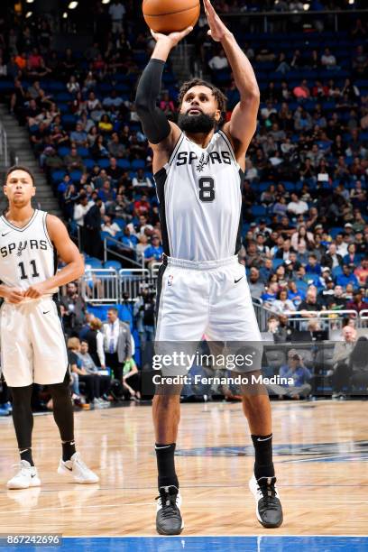 Patty Mills of the San Antonio Spurs shoots the ball against the Orlando Magic on October 27, 2017 at Amway Center in Orlando, Florida. NOTE TO USER:...