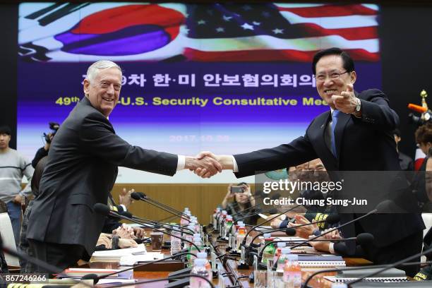 Secretary of Defense James Mattis shakes hands with South Korean Defense Minister Song Young-moo during the 49th Security Consultative Meeting at...