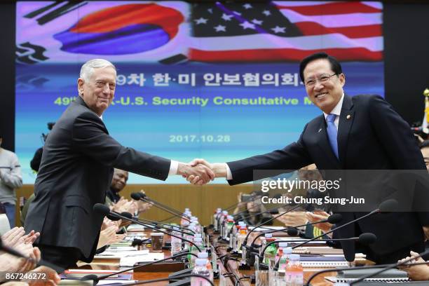 Secretary of Defense James Mattis shakes hands with South Korean Defense Minister Song Young-moo during the 49th Security Consultative Meeting at...