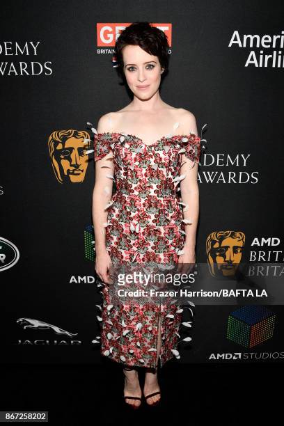 Claire Foy attends the 2017 AMD British Academy Britannia Awards Presented by American Airlines And Jaguar Land Rover at The Beverly Hilton Hotel on...