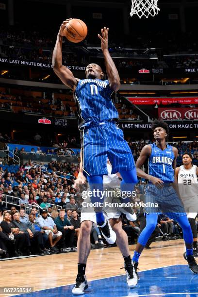 Bismack Biyombo of the Orlando Magic drives to the basket against the San Antonio Spurs on October 27, 2017 at Amway Center in Orlando, Florida. NOTE...