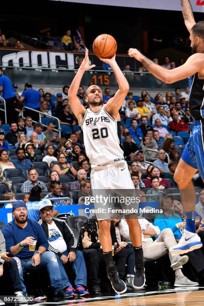Manu Ginobili of the San Antonio Spurs shoots the ball against the Orlando Magic on October 27, 2017 at Amway Center in Orlando, Florida. NOTE TO...