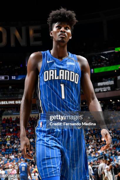 Jonathan Isaac of the Orlando Magic looks on during the game against the San Antonio Spurs on October 27, 2017 at Amway Center in Orlando, Florida....