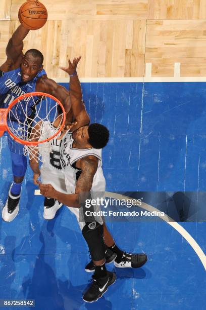 Bismack Biyombo of the Orlando Magic drives to the basket against the San Antonio Spurs on October 27, 2017 at Amway Center in Orlando, Florida. NOTE...