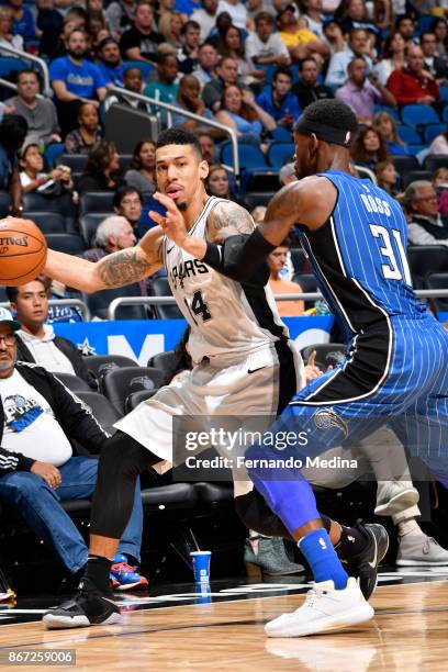 Danny Green of the San Antonio Spurs handles the ball against the Orlando Magic on October 27, 2017 at Amway Center in Orlando, Florida. NOTE TO...