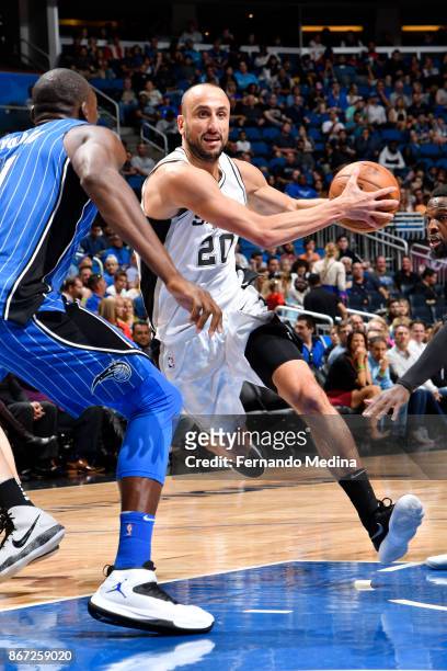 Manu Ginobili of the San Antonio Spurs handles the ball against the Orlando Magic on October 27, 2017 at Amway Center in Orlando, Florida. NOTE TO...