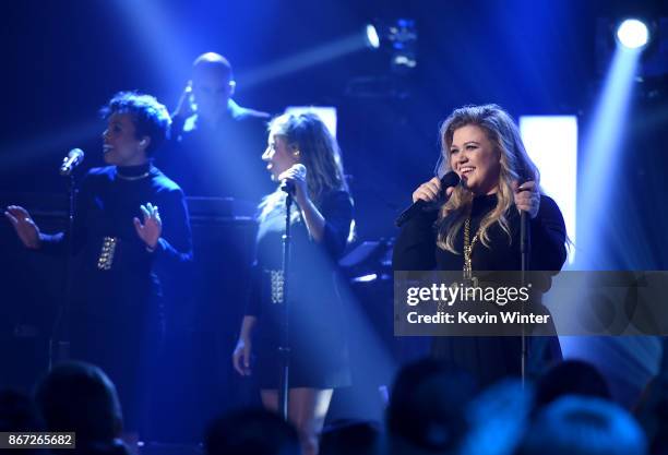 Singer/songwriter Kelly Clarkson performs at the iHeartRadio Album Release Party With Kelly Clarkson at iHeartRadio Theater on October 27, 2017 in...