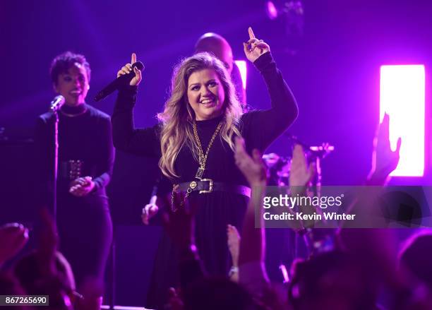 Singer/songwriter Kelly Clarkson performs at the iHeartRadio Album Release Party With Kelly Clarkson at iHeartRadio Theater on October 27, 2017 in...
