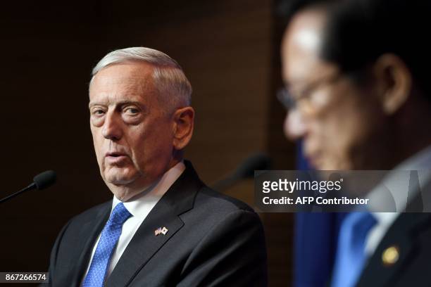Secretary of Defense Jim Mattis and South Korea's Defence Minister Song Young-Moo hold a joint press conference after the Security Consultative...