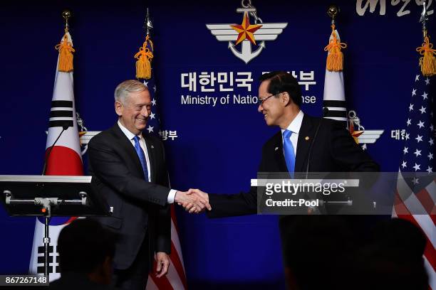Secretary of Defense James Mattis shakes hands with South Korean Defense Minister Song Young-moo during a joint press conference after the 49th...
