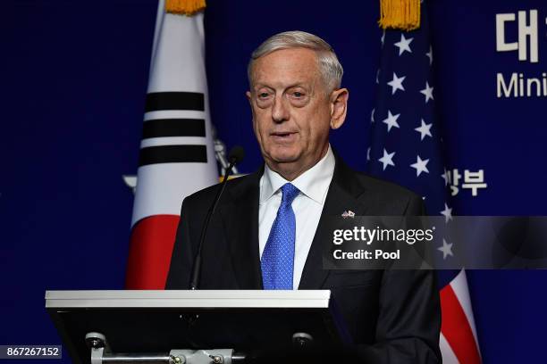 Secretary of Defense James Mattis attends the joint press conference after the 49th Security Consultative Meeting at Defense Ministry on October 28,...