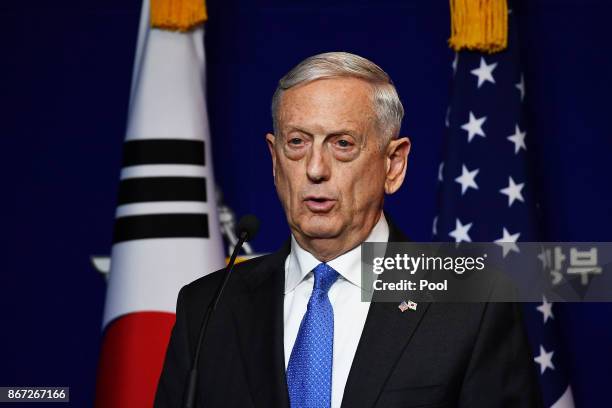 Secretary of Defense James Mattis attends the joint press conference after the 49th Security Consultative Meeting at Defense Ministry on October 28,...