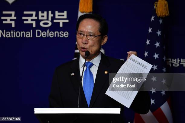 South Korean Defense Minister Song Young-moo attends at joint press conference with U.S. Secretary of Defense James Mattis after the 49th Security...