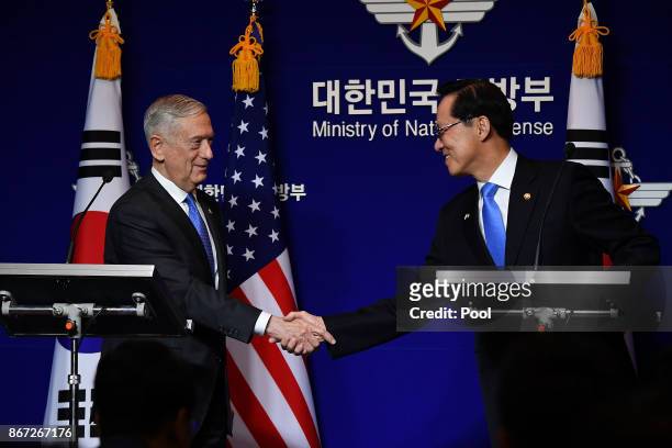 Secretary of Defense James Mattis shakes hands with South Korean Defense Minister Song Young-moo during a joint press conference after the 49th...