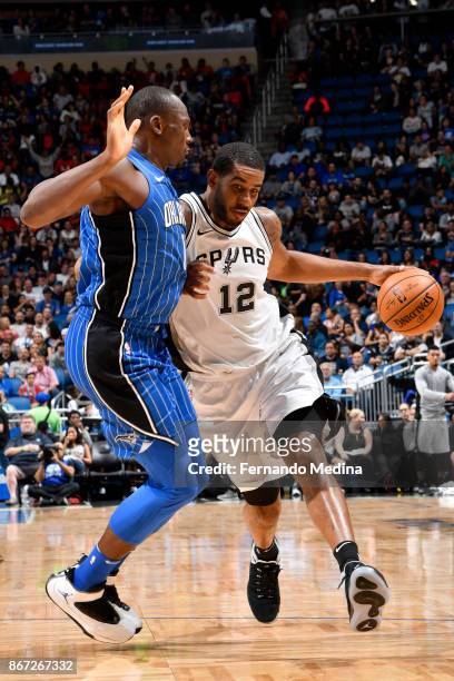 LaMarcus Aldridge of the San Antonio Spurs handles the ball against the Orlando Magic on October 27, 2017 at Amway Center in Orlando, Florida. NOTE...