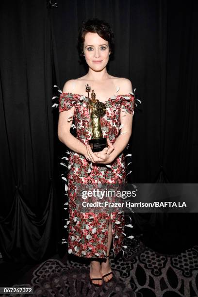Claire Foy, recipient of the Britannia Award for British Artist of the Year presented by Burberry, at the 2017 AMD British Academy Britannia Awards...