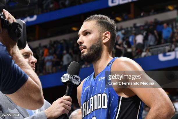 Evan Fournier of the Orlando Magic talks to the media during the game against the San Antonio Spurs on October 27, 2017 at Amway Center in Orlando,...