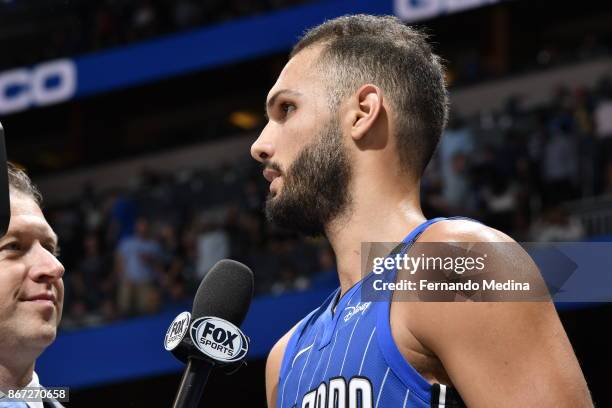 Evan Fournier of the Orlando Magic talks to the media during the game against the San Antonio Spurs on October 27, 2017 at Amway Center in Orlando,...