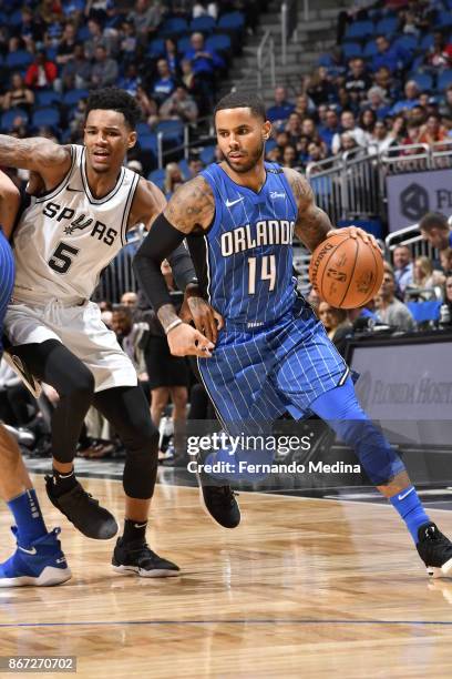 Augustin of the Orlando Magic handles the ball against the San Antonio Spurs on October 27, 2017 at Amway Center in Orlando, Florida. NOTE TO USER:...