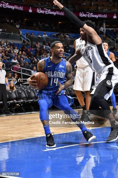 Augustin of the Orlando Magic handles the ball against the San Antonio Spurs on October 27, 2017 at Amway Center in Orlando, Florida. NOTE TO USER:...