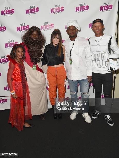 Pittsburgh Steelers JuJu Smith-Schuster, Josh Dobbs, Arthur Moats, and Daya pose backstage during the Kiss 96.1 Halloween Party 2017 at Stage AE on...