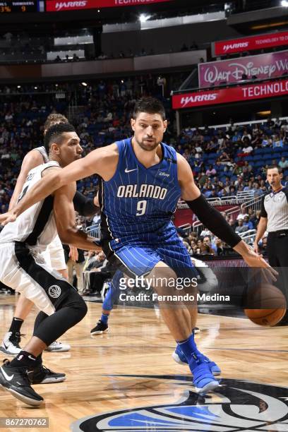 Nikola Vucevic of the Orlando Magic handles the ball against the San Antonio Spurs on October 27, 2017 at Amway Center in Orlando, Florida. NOTE TO...