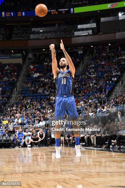 Evan Fournier of the Orlando Magic shoots the ball against the San Antonio Spurs on October 27, 2017 at Amway Center in Orlando, Florida. NOTE TO...