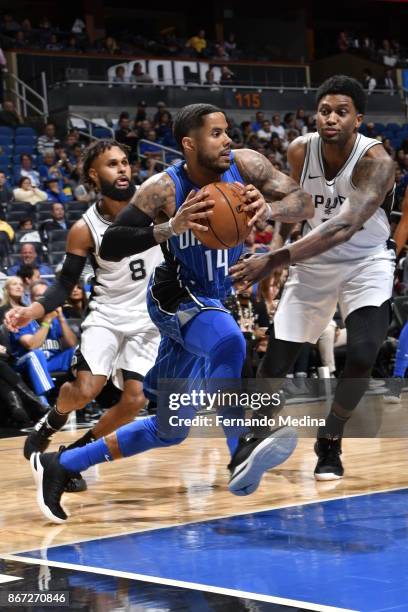 Augustin of the Orlando Magic handles the ball against the San Antonio Spurs on October 27, 2017 at Amway Center in Orlando, Florida. NOTE TO USER:...