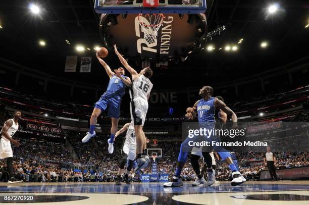 Mario Hezonja of the Orlando Magic drives to the basket against the San Antonio Spurs on October 27, 2017 at Amway Center in Orlando, Florida. NOTE...