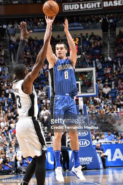 Mario Hezonja of the Orlando Magic shoots the ball against the San Antonio Spurs on October 27, 2017 at Amway Center in Orlando, Florida. NOTE TO...