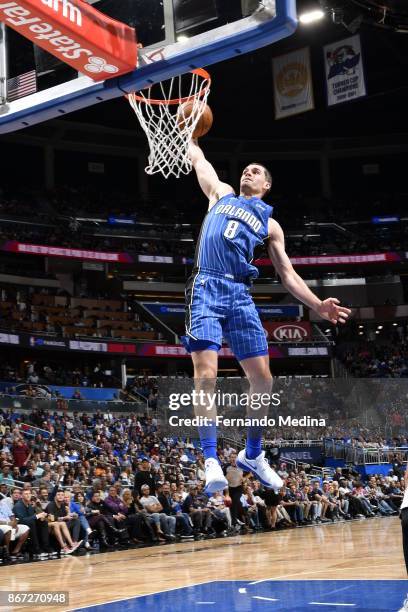 Mario Hezonja of the Orlando Magic drives to the basket against the San Antonio Spurs on October 27, 2017 at Amway Center in Orlando, Florida. NOTE...