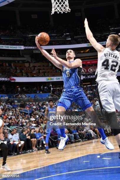 Mario Hezonja of the Orlando Magic drives to the basket against the San Antonio Spurs on October 27, 2017 at Amway Center in Orlando, Florida. NOTE...