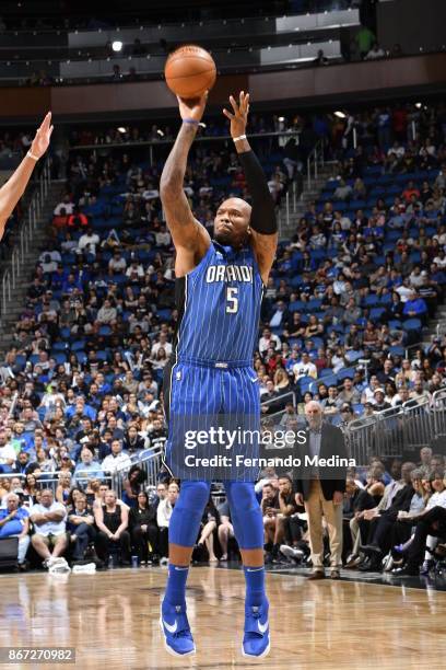 Marreese Speights of the Orlando Magic shoots the ball against the San Antonio Spurs on October 27, 2017 at Amway Center in Orlando, Florida. NOTE TO...