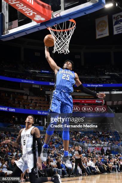 Wesley Iwundu of the Orlando Magic drives to the basket against the San Antonio Spurs on October 27, 2017 at Amway Center in Orlando, Florida. NOTE...