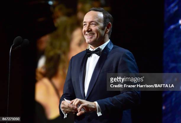 Kevin Spacey speaks onstage at the 2017 AMD British Academy Britannia Awards Presented by American Airlines And Jaguar Land Rover at The Beverly...