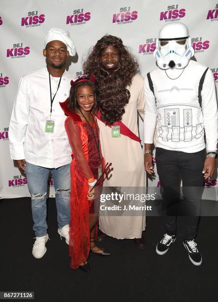 Pittsburgh Steelers JuJu Smith-Schuster, Arthur Moats, and Josh Dobbs pose backstage during the Kiss 96.1 Halloween Party 2017 at Stage AE on October...