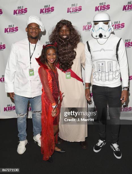 Pittsburgh Steelers JuJu Smith-Schuster, Arthur Moats, and Josh Dobbs pose backstage during the Kiss 96.1 Halloween Party 2017 at Stage AE on October...